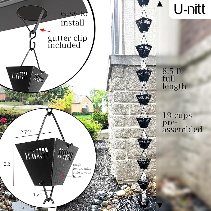 U-nitt Rain Chain Water Collection for Gutters Rainwater Catcher & Diverter, 8.5 FT Chains for Outside Garden, Black Square Cups, Roof Downspout, Works with Heavy Rain, w/ Gutter Clip for Rainchains