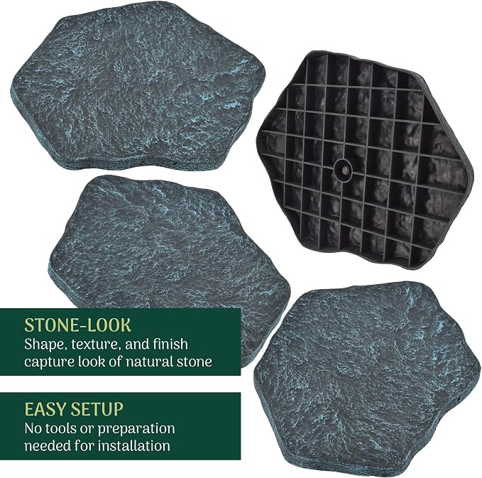 Arcadia Garden Products Set of 4, 16x17” Brushed Teal Stepping Stone Fiberclay Pavers, Outdoor Garden Natural Repeatable Pattern Pathway, Faux Stone Decorative Landscaping Walkway