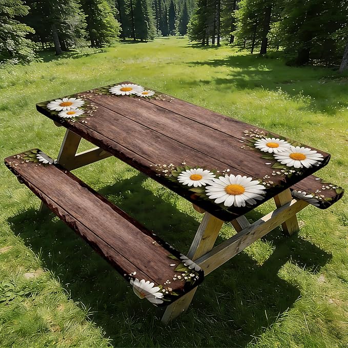NYZE 3 Pieces Picnic Table Cover with Bench Covers Set, Camping Tablecloth, Tablecloth Cover with Drawstring Bag, Camping Essentials for Outdoor Picnics, Patio, BBQ (Wood Daisy)