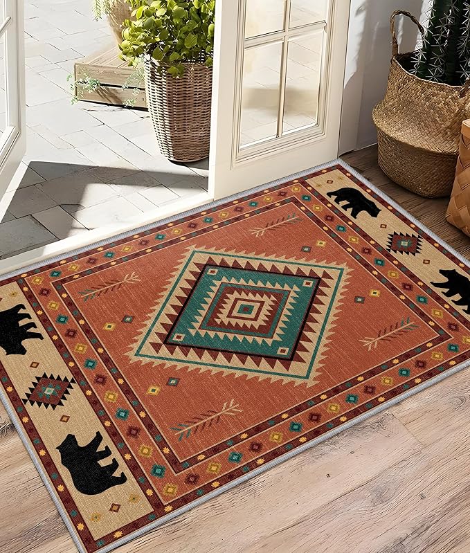Cabin Rug 5x6 - Bear Southwestern Aztec Area Rugs for Bedroom Living Room, Rustic Bohemian Machine Washable | Non-Slip | Soft Carpets, Native American Room Decor (Orange Tan Black)