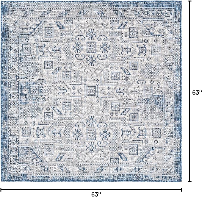 Unique Loom Outdoor Aztec Collection Area Rug - Coba (5' 3" Square, Blue/ Ivory)