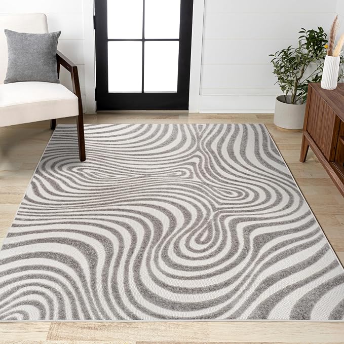 JONATHAN Y Maribo High-Low Abstract Striped Gray/Ivory 9x12 Indoor/Outdoor Area Rug, Pet Friendly, Non-Shedding, Stain Resistant, Easy-Cleaning for Backyard, Patio, Porch (SCN103B-9)