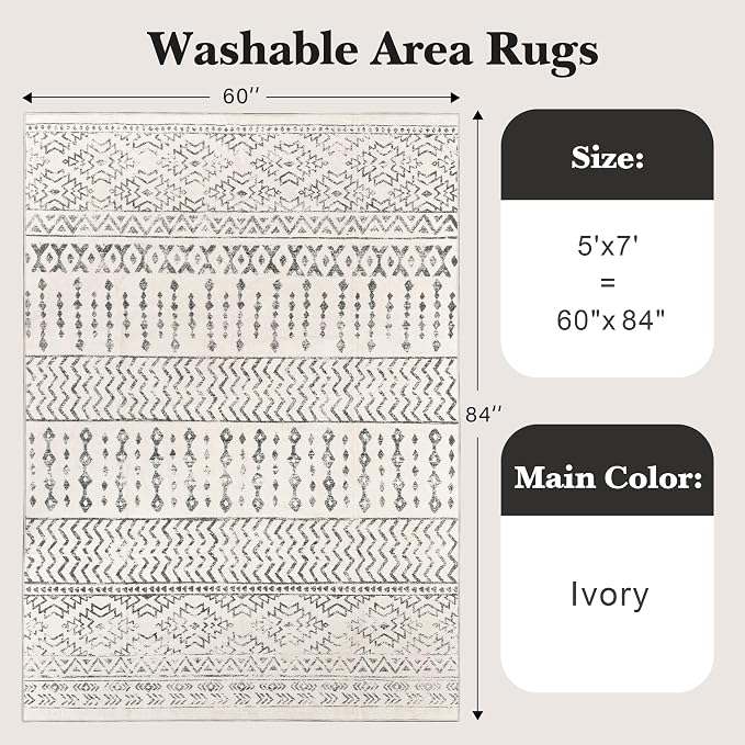 Art&Tuft 5x7 Area Rugs Non Slip, Thin Washable Rugs for Living Room, Ivory | Low Pile, Soft & Lighweight, Folable, Stain Resistant Indoor Moroccan Carpet for Bedroom, Kitchen, Dining Room, Home Office