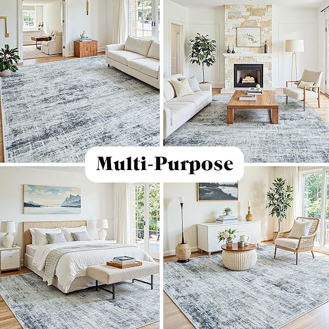 10x12 Washable Area Rug for Living Room Bedroom: Non-Slip Modern Black Grey | Machine Washable TPR Backing, Stain-Resistant Low Pile, Pet & Kid Friendly, Abstract Decor for Dining Room, Dorm, Home Office