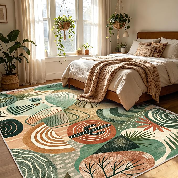 Green Area Rug 5x7, Green Boho Abstract Rug for Living Room, Irregular Geometric Design, Machine Washable Sage Green Rug, Stain Resistant,Low Pile, Non-Slip Backing,Bedroom Dining Room