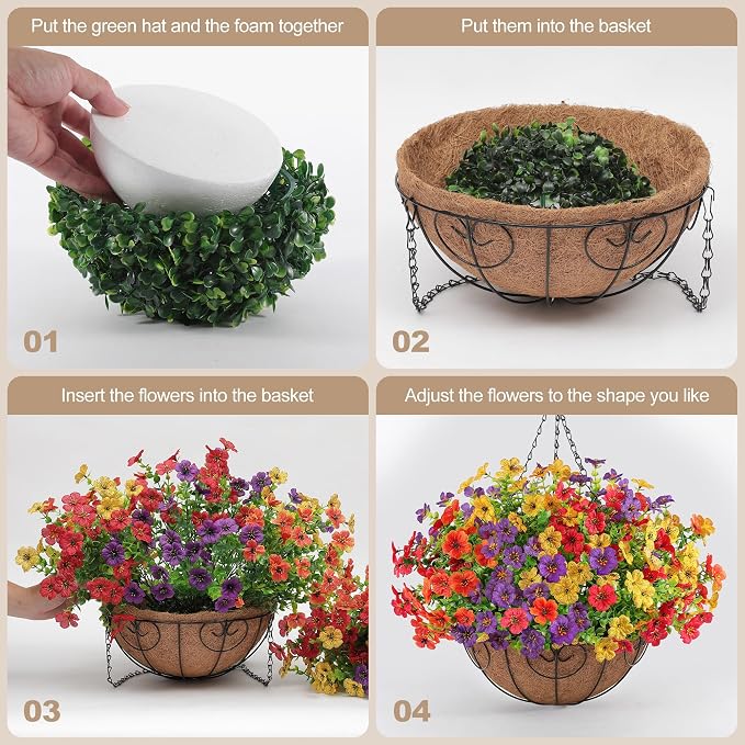 Artificial Faux Hanging Flowers Plants Basket for Outdoors Outside Spring Summer Decoration,Hanging Planters with Silk Fake Flowers Realistic UV Resistant Balcony Porch Garden Patio Home(4 Multicolor)