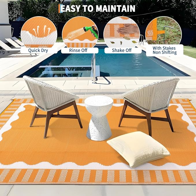Garvee Large Waterproof Outdoor Rug 9x18 Outdoor Patio Rug, Modern Scalloped Reversible Plastic Straw Camping Rugs, Bordered Outside Carpet for Picnic Backyard Deck Balcony Trailer, Orange