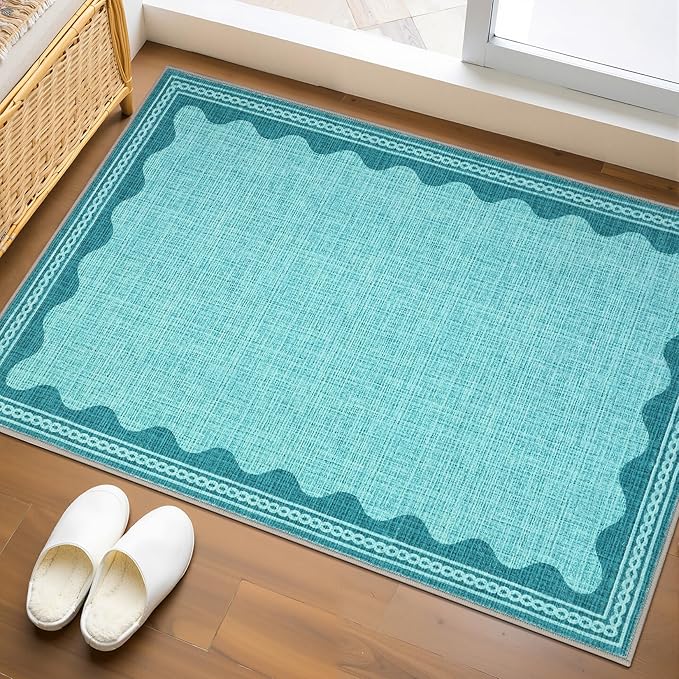 GarveeHome Scalloped Teal Door Mat Indoor Rugs for Entryway Small Rug 2x3 Washable Non-Slip TPE Backing Modern Minimalism Soft Low-Pile Throw Carpet for Bedroom Kitchen Bathroom