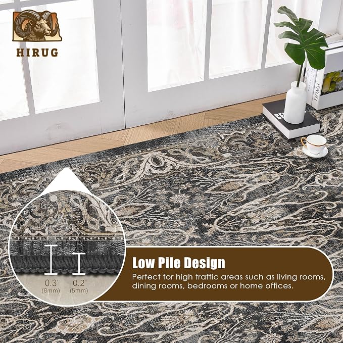 Washable Area Rug 3' x 5 ' Vintage Traditional Persian Mat - Foldable Distressed Non-Slip Machine Washable Carpet for Living Room Bedroom Kitchen Home Decor - Ebony and Taupe