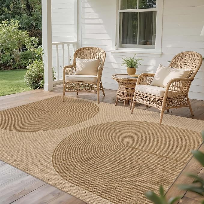 Easy Jute Rug 5x7 Outdoor: Natural Area Rugs for Patio Linen-Look Fabric Durable - Washable Carpet for Living Room Bedroom - Geometric Arch Pattern