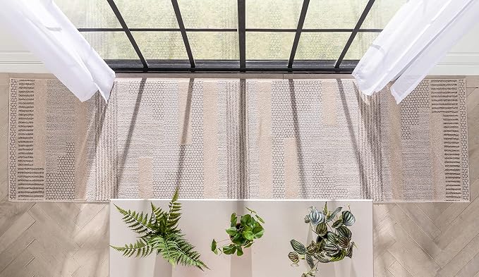 Well Woven Harlow Collection Briar Beige - Modern Tribal Minimalist Geometric 3x10 Runner Rug - Ideal for Hallway & Bedroom - Durable, Stain Resistant & Easy to Clean