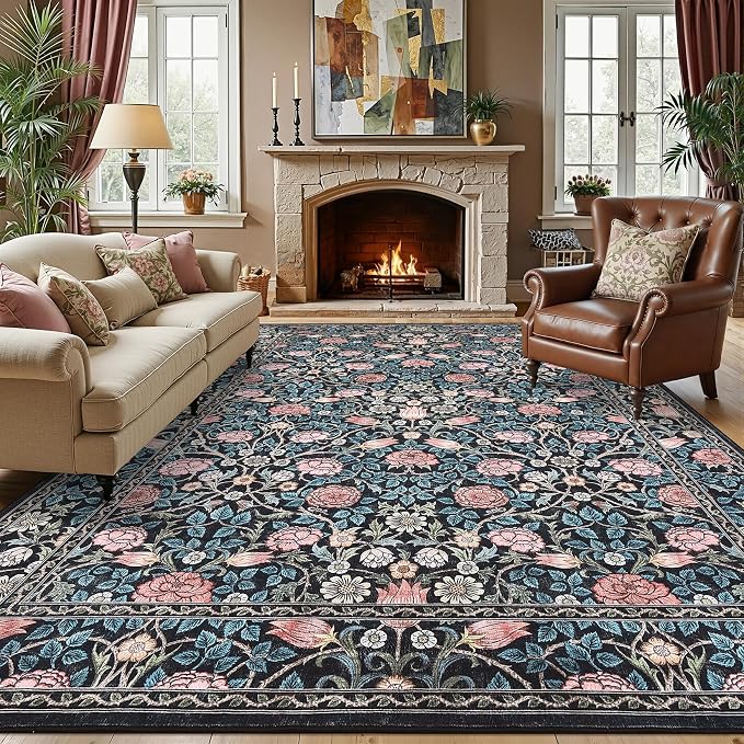 GarveeHome Blue Floral 8x10 Area Rugs for Living Room Bedroom | Large Washable Dinning Room Dorm Office Rug Vintage Boho Rugs Low-Pile Non-Slip Stain Resistant TPE Backing