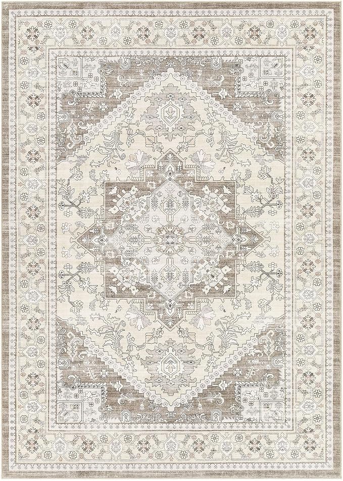 Washable Area Rug-5X8 Vintage Neutral Soft Brown | Non Slip Thin Foldable Large Floor Carpet for Living Room Bedroom Kitchen Dining Room Home Office Farmhouse Indoor
