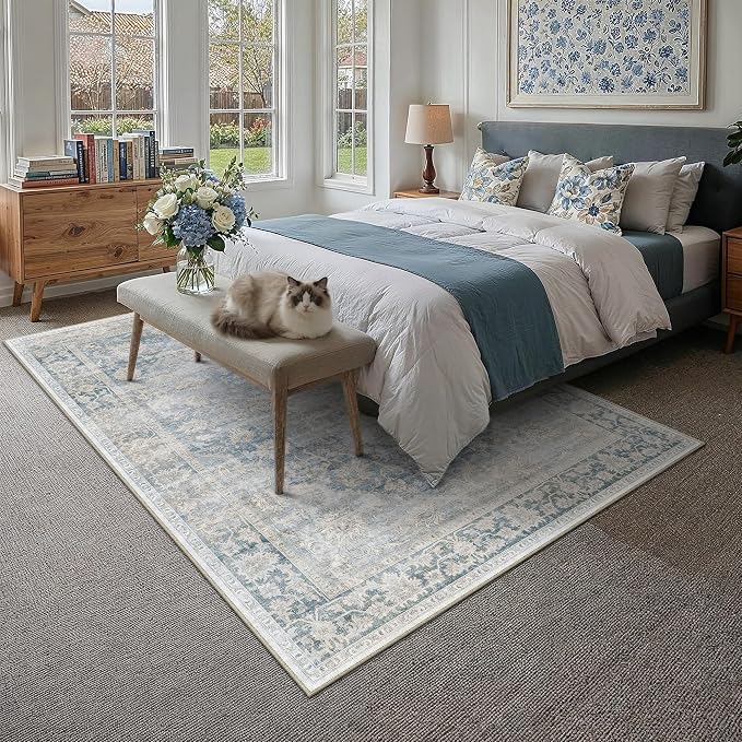 8x10 Blue Farmhouse Area Rug | Washable, Non Slip, Soft Low Pile, Neutral Vintage, Large, for Living Room Bedroom Dining Room Office Indoor Home Decor