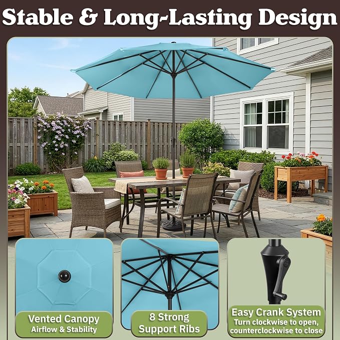 Pure Garden 9FT Round Patio Umbrella with 19lb Weighted Base - Easy Crank, Vented Canopy Outdoor Umbrella for Shade - For Deck, Balcony, Porch, Backyard, or Pool (Lake Blue)