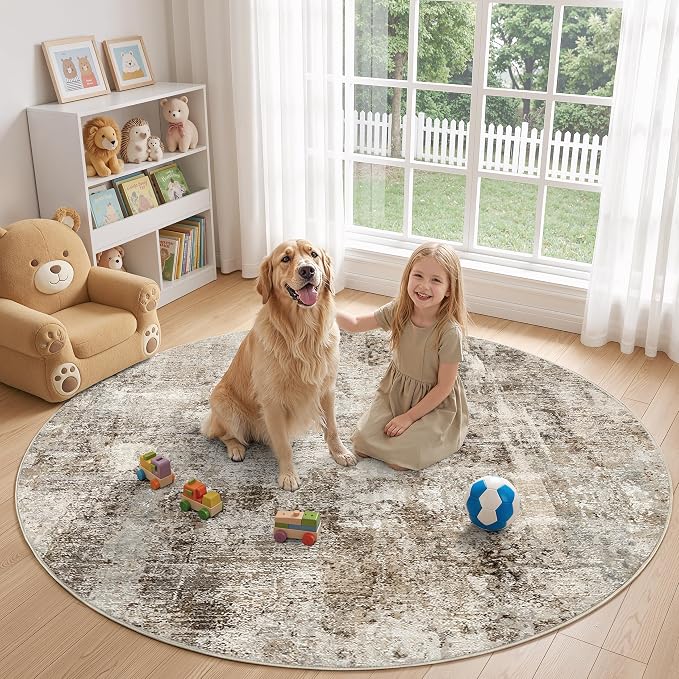 6Ft Round Area Rug Washable Abstract Rugs for Living Room Dark Brown | for Bedroom, Dining Room, Office, Nursery, Soft Neutral, Low Pile Non-Slip, Kid Pet Friendly, Large Indoor Carpet, Home Decor