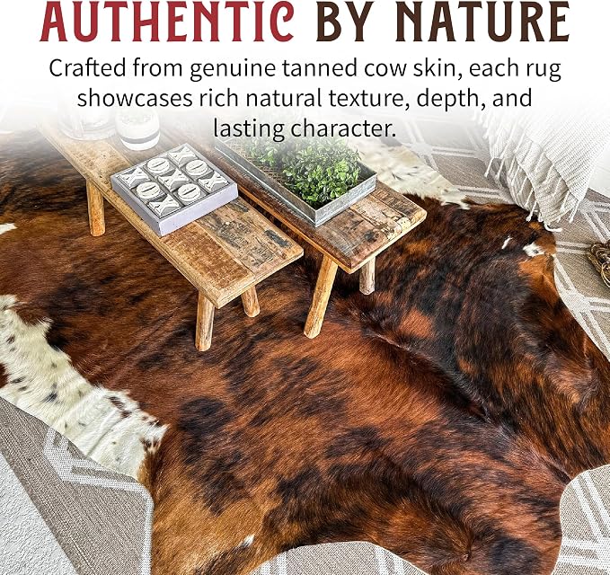 HIDES BAZAAR Brown Brindle Cowhide Rug 6x8 ft, Real Hair on Hide Area Rug | Brown, black and white brindle stripes. Genuine hair on hide tanned soft, cow skin rug that fits ranch to modern decor