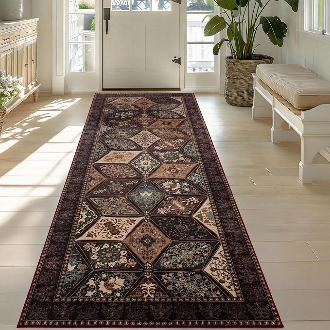 Moroccan Vintage Distressed Boho Geometric Brown 2x6 Runner Rug | Patchwork Washable Non Slip Throw Floor Long Carpet Runner for Hallway Entryway Kitchen Bathroom Bedroom Livingroom Rug