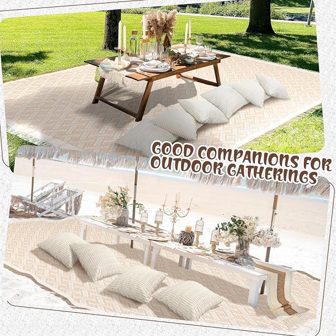Beeveer Extra Large Outdoor Boho Picnic Blanket 118'' x 71'' Beige White Table Runner 6 Throw Pillow Cover Woven Cotton Yarn Oversize Beach Blanket Washable for Picnic Camp Wedding