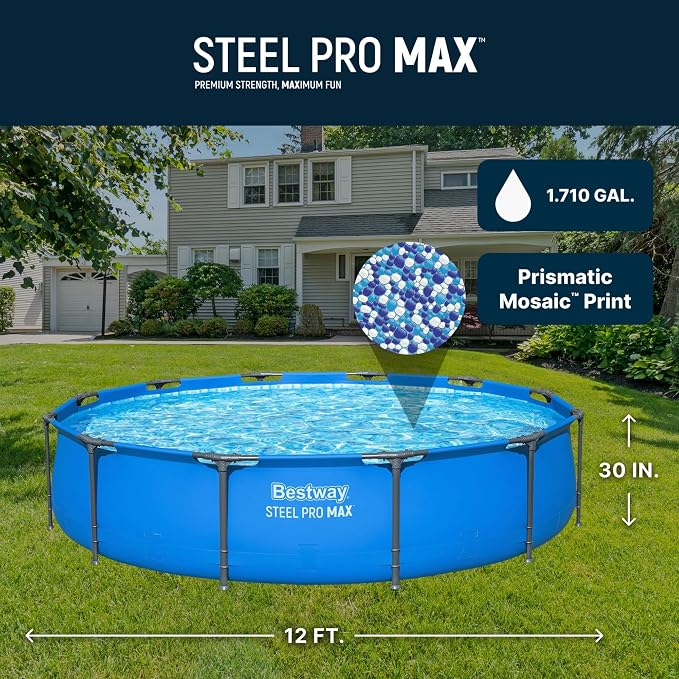 Bestway Steel Pro MAX 12' x 30" Above Ground Swimming Pool, Pool Only, Blue | Round Durable Metal Frame Pool, Outdoor Backyard Water Activity - Includes Puncture-Resistant Liner, No-Tool Setup