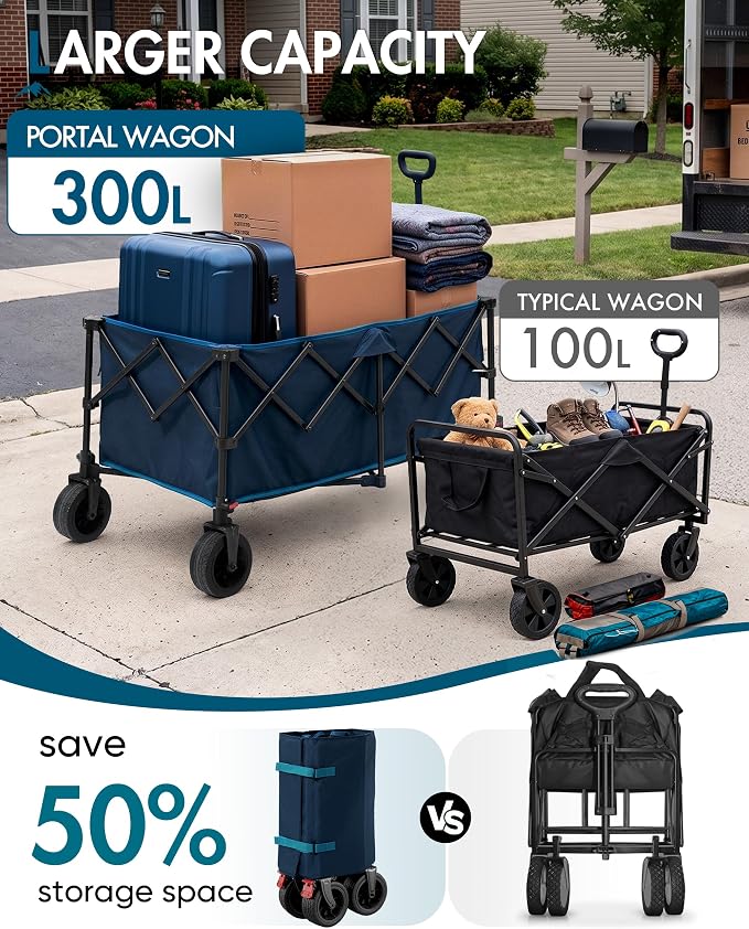 Portal Collapsible Wagon Cart, Foldable Wagon with Big Wheels, 300L Extra Large Wagon,18.7lbs Lightweight Utility Wagon, Heavy Duty Wagon for Beach, Camping, Sports, Garden Blue