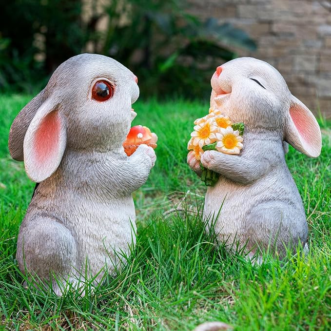 Solar Rabbit Garden Statues Outdoor Decor Resin Bunny Figurine Holding Mushroom with LED Lights for Porch Patio Lawn Yard Christmas Housewarming Gardening Gifts for Mom Grandma