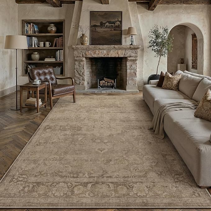 Brown 6x9 Washable Area Rug Living Room Vintage Distressed Carpet | Soft Low Pile, Non Slip, Stain Resistant, Traditional Retro Decor for Bedroom, Dining Room, Office, Kids Room