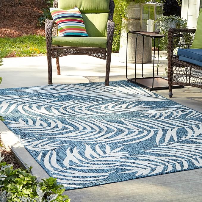 Unique Loom Outdoor Botanical Collection Area Rug - Palm (6' 1" x 9' Rectangle, Teal/ Ivory)