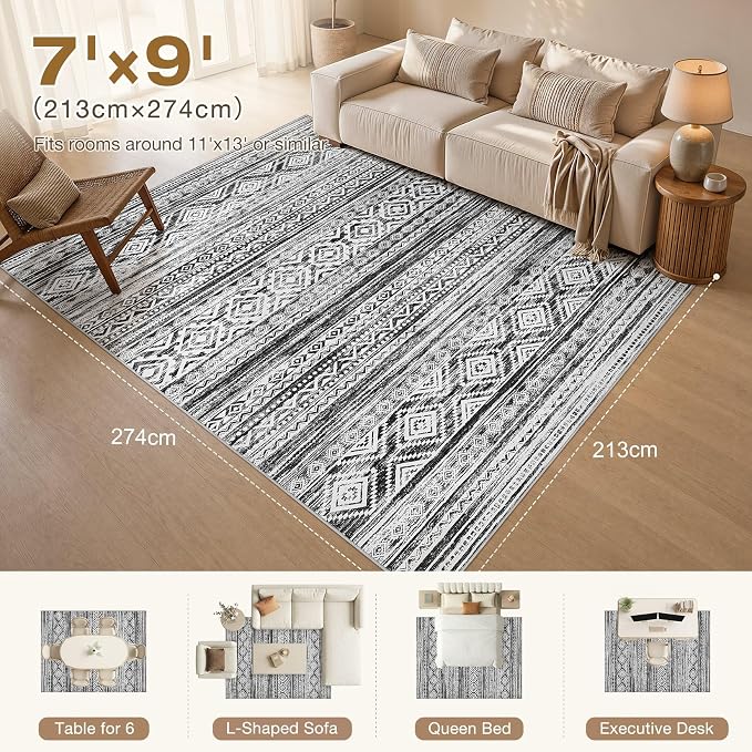 cotiled Boho 7x9 Area Rug for Living Room: Large Moroccan Washable Rug | Solve Modern Neutral Trendy Home Decor - Stain Resistan Indoor Carpet for Bedroom Farmhouse Dining Room White Black