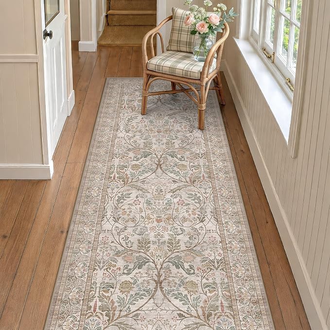 Vintage Moss Green 2‘6“x8’ Kitchen Runner Rug Non Slip - Washable Long Hallway Rug, Thin Neutral Taupe Traditional Decor Runner for Laundry Room, Bathroom, Entrance