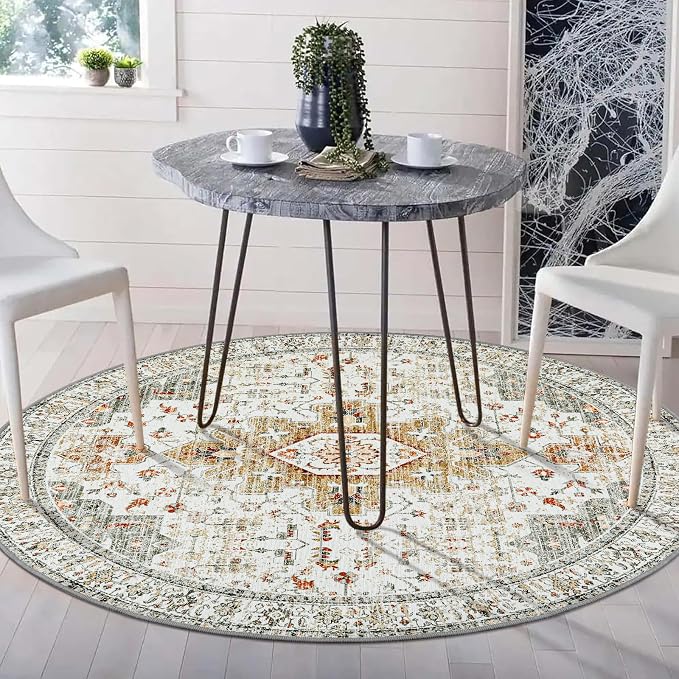 Moynesa Washable Round Rug 4ft, Vintage Medallion Area Rug Distressed Neutral Circle Rug, Soft Non Slip Low Pile Carpet for Living Room Bedroom Dining Room Nursery, Beige/Gold