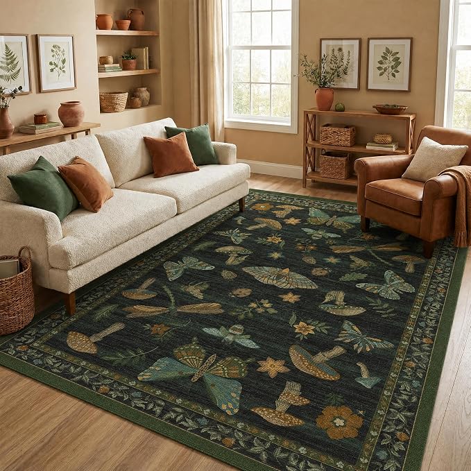 ROYHOME Mushroom Insect Washable Rug 5x7 for Bedroom Living Room Dark Green | Playroom Nursery Office Bug Moth Cute Funky Cottage Core Whimsical Boy Carpet Low-Pile Non-Slip Stain Resistant TPE Backing