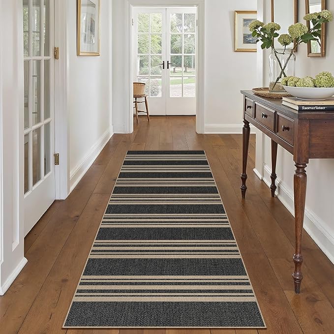 PureCozy Striped Easy Jute 2x6 Kitchen Runner Rug Black Washable Carpet for Hallway Non Slip Farmhouse Neutral Non Shedding Indoor Outdoor Long Rug Bathroom Bedroom Laundry Entryway
