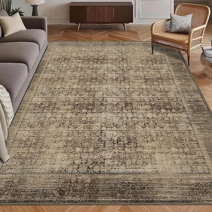 Washable Area Rug 9' x 12' Vintage Traditional Persian Mat - Foldable Distressed Non-Slip Machine Washable Carpet for Living Room Bedroom Kitchen Home Decor - Mocha and Taupe