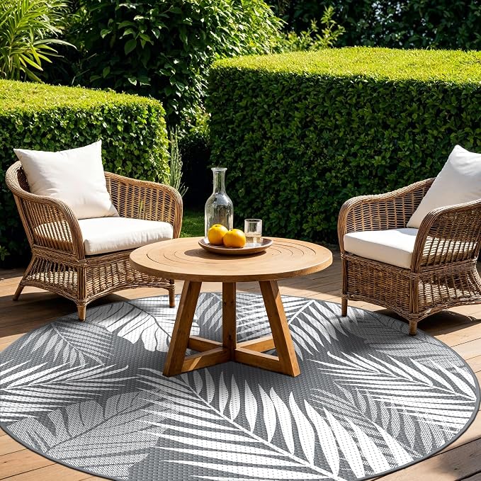 GENIMO Outdoor Rug 10' Round Waterproof for Patios Clearance, Reversible Outdoor Plastic Straw Camping Rug Carpet, Large Area Rugs Mats for RV, Camper, Deck, Balcony, Porch, Beach, Picnic, Grey&White