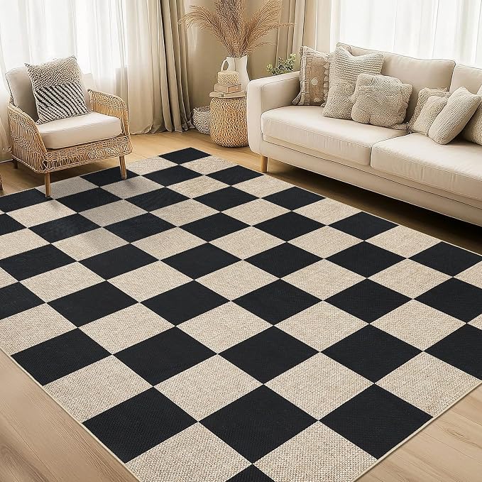 Garvee 6x9 Rugs for Living Room Washable Rug Easy Jute Rugs，Black/Beige | Modern Checkered Rugs for Bedroom Nursery Rug Non Slip Throw Carpet Stain Resistant Soft Touch Floor Cover for Dining Room