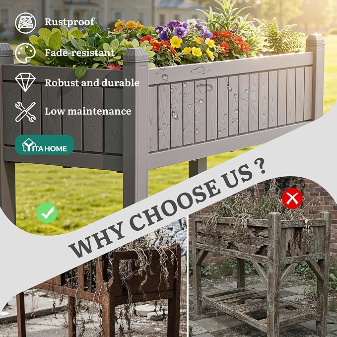 YITAHOME 43.3x17.7x34 in Elevated Garden Bed, Outdoor Plastic Planter Box with Wheels, Legs, Drain Plug, and Storage Shelf for Plants, Vegetables, Flowers, Herbs, Light Brown