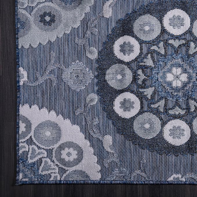 CAMILSON Indoor Outdoor Rug 9x12 Bohemian Medallion Floral Area Rugs for Indoor and Outdoor Patios Easy-Cleaning Non-Shedding Living Room Garden and Kitchen Washable Outside Carpet (9 x 12 / Navy)