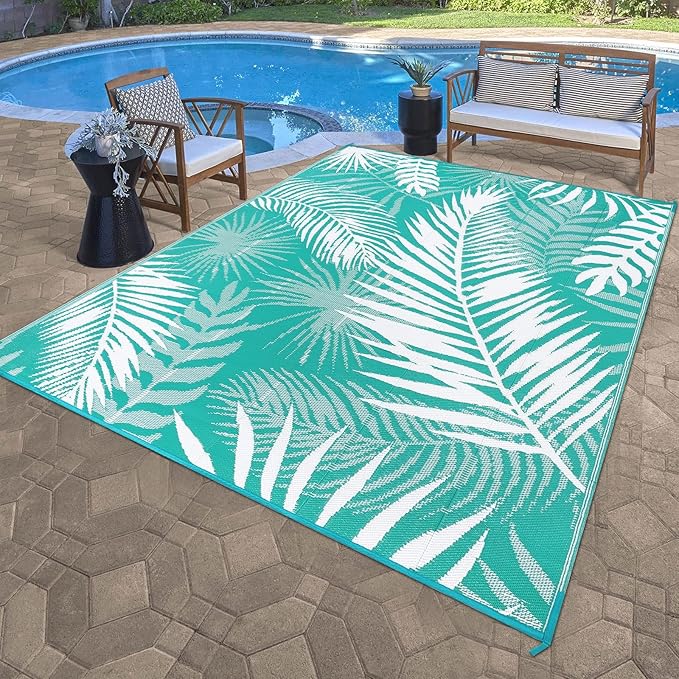 Outdoor Rug 8'x10' Waterproof for Patios Clearance, Reversible Outdoor Plastic Straw Rug Camping Carpet, Outside Floor Mats Large Area Rugs for RV,Patio,Deck,Porch, Beach,Balcony,Teal&White