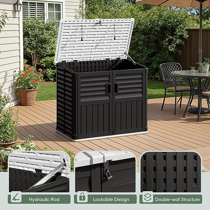 Devoko Outdoor Storage Shed, 34 Cu Ft Outdoor Storage Cabinet Without Shelf, Waterproof, Double Locks, Resin Storage for Trash Can, Garden Tools, Pool Supplies, Black
