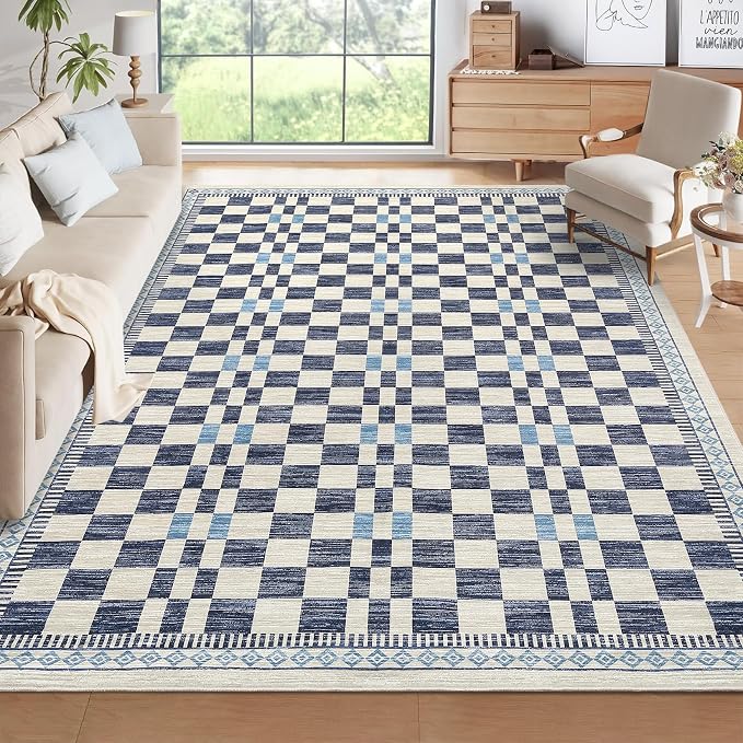 GarveeHome Washable 4x6 Area Rug for Baby Room Modern Abstract Checkered | Non-Slip Low Pile Kitchen Carpet Stain-Resistant No-Shedding High Traffic Area Rug for Dorm Home Dining Office Decor Blue