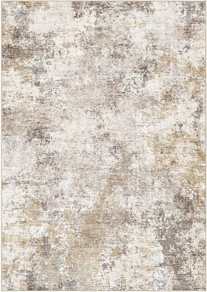 Nakagishi 8X10 Abstract Washable Area Rugs for Living Room-Golden Brown | Modern Non-Slip Silicone Backing Low Pile Soft Carpet for Bedroom Dining Decor for Families with Kids and Pets