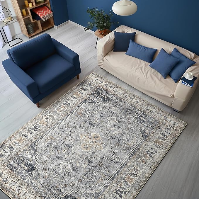 Keen Home Design Vintage Washable Area Rug, Non-Slip Low Pile, 5x7 | Machine Washable Cotton Chenille, 0.25In Low Pile, Rubber Non-Slip Back; Living Room, Bedroom, Dining Room, Office