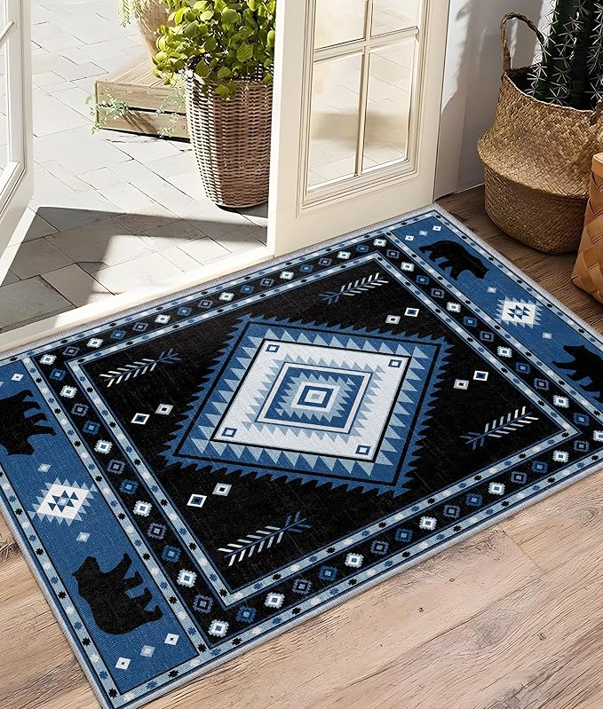 Aztec Rug 6x8 - Southwestern Bear Cabin Area Rugs for Living Room Bedroom, Rustic Farmhouse Machine Washable | Non-Slip | Soft Large Carpets, Native American Home Decor (Blue White Black)