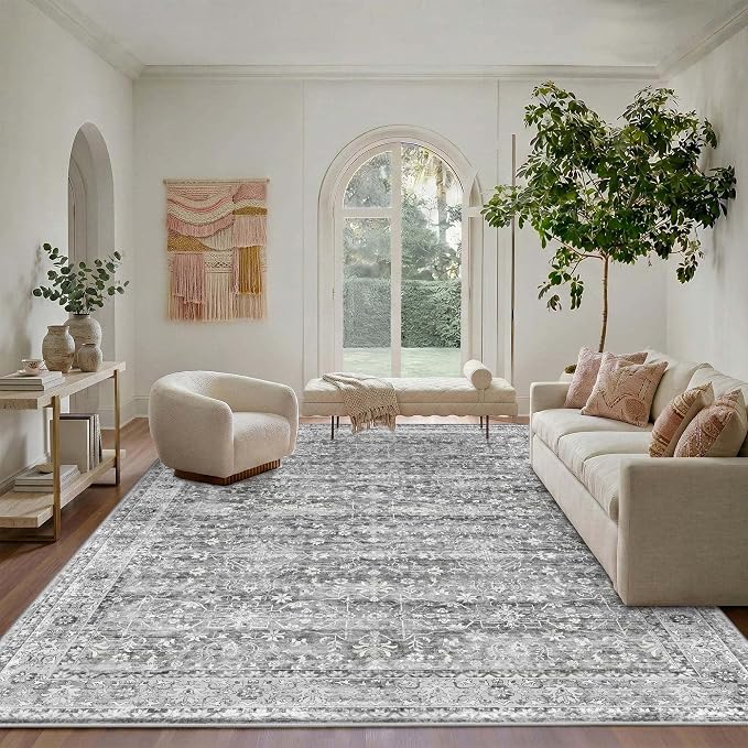 Latte&Fog 8x10 Area Rugs for Living Room Netural Washable Large Grey Rugs | for Bedroom Dining Kitchen Kids Playroom Nursery Classroom Dorm Farmhouse Office, Non Slip Low Pile Soft Floral Carpet Indoor
