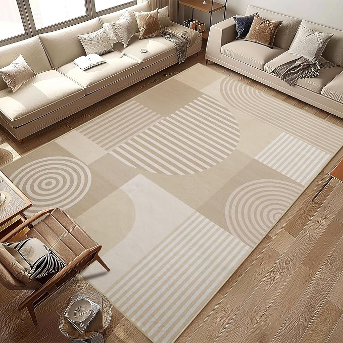 9x12 Area Rug for Living Room Beige Geometric Rug Machine Washable White Minimalist Mid Century Modern Area Rugs Non Slip Low Pile Large Dining Room Floor Carpet for Bedroom Office,Beige