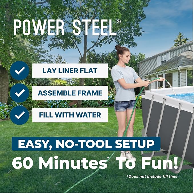 Bestway Power Steel 18' x 9' x 48" Above Ground Pool Set with Pump | Durable Rectangular Metal Frame Outdoor Backyard Pool - Ladder, Cover, and Type III Filter Cartridge Included, Gray