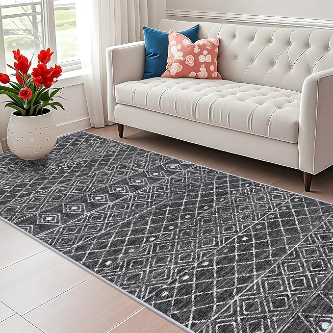 4x10 Black Moroccan Washable Runner:Non Slip Geometric Rug for Hallway | Pets Friendly Runner Low Pile Soft Indoor Floor Mat Front Door for Kitchen Bedroom Entryway Laundry