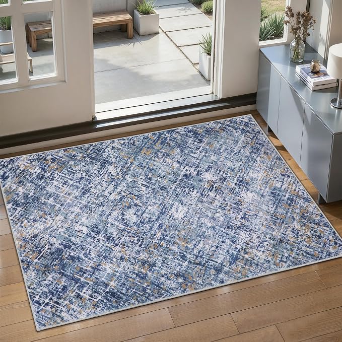 Tangsoo Abstract 2x3 Washable Rugs for Entryway, Small Area Rug Non Slip | Modern Low Pile Soft Throw Rugs,Contemporary Indoor Front Door Mat Rug for Entrance Entry Foyer Kitchen Blue White Home Decor
