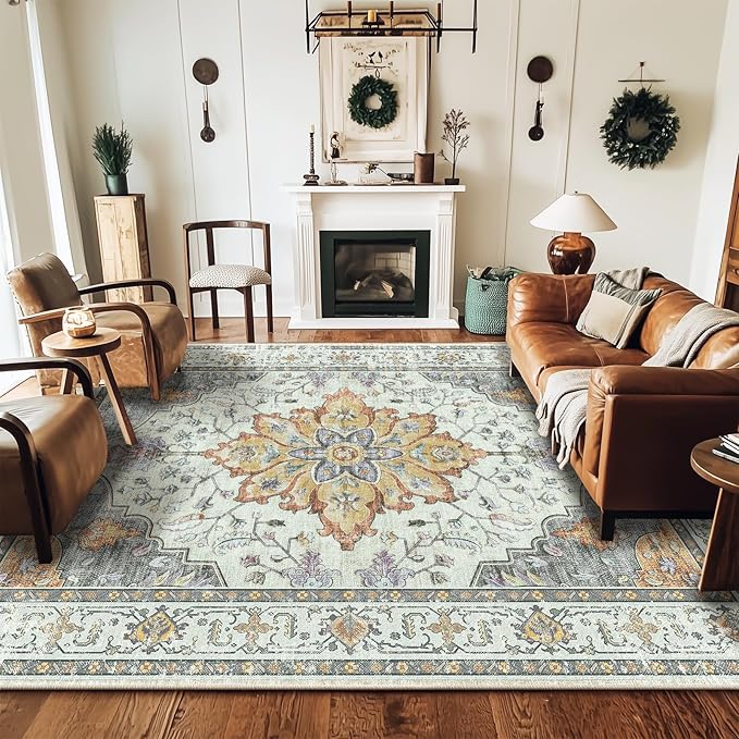 RELEANY Washable Area Rug, Large 9'x12', Beige/Carbon Grey/Orange | Non-Slip, Water Repellent, Pet Friendly, Easy to Clean, Vintage Floral Boho Decor for Living Room Bedroom Dining Room